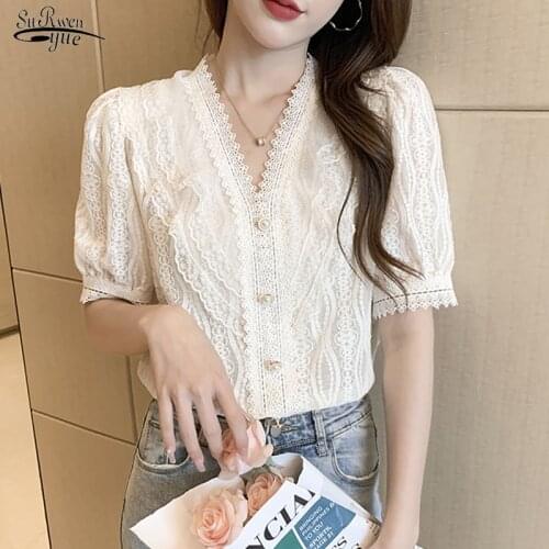 Single Breasted V-neck Ruffle Lace Stitching All-match Loose Shirt Summer Short Sleeve Women Tops Elegant Mesh Blouse Tops 14198