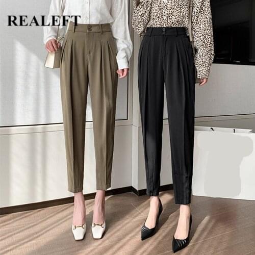 REALEFT Autumn 2021 New Formal Womens Harem Pants Solid High Waist Ankle Length Female Button Workwear Elegant Chic Trouses
