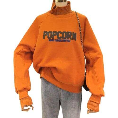 Winter Plus Velvet New Product Knitted Collar Women Clothes Sweatshirt Print Popcorn Harajuku Female Orange Red Color Pullover