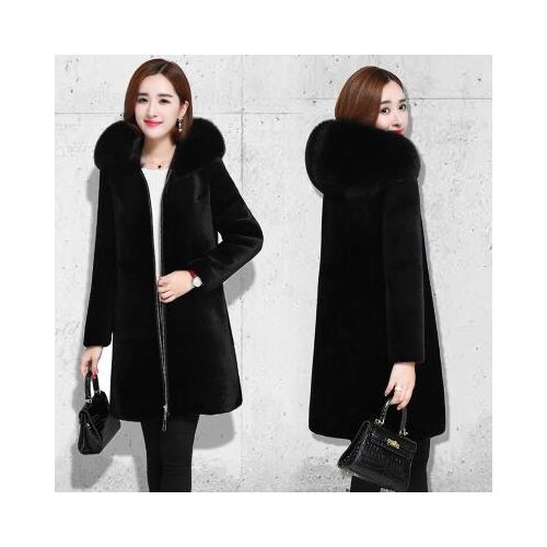 Hooded large fur collar faux fur coat female long winter thick plush coat women imitation water mink black pulse size