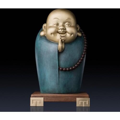 13 inches Chinese Art Deco Pure Brass Sack Monk Wealthy Maitreya buddha sculpture Decoration Home Furnishings Gift Statue