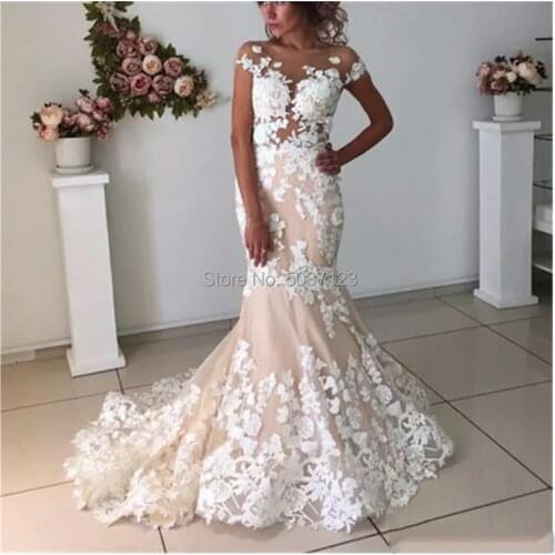 Champagne Mermaid Wedding Dresses Lace Appliques Backless 2019 Robe De Mariee Vintage Cap Sleeves Bridal Gowns