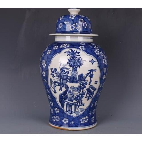 Antique temple jar Porcelain Ginger jar Ornaments Old Kangxi Blue And White collection porcelain ceramic jar vase