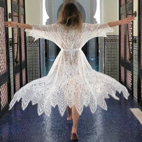White Lace Beach Cover up Sexy Bohemian Dress Swimsuit Cover up 2021 Beachwear Robe Plage Kaftan Tunic Pareo Sarong Maxi Dress