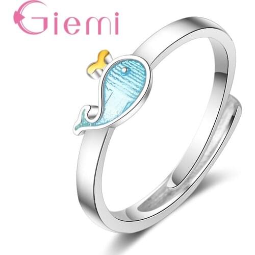 Shiny Vivid Charm Cute Blue Dolphin Shape Adjustable Ring Real 925 Sterling Silver For Women Birthday Best Jewelry Gift