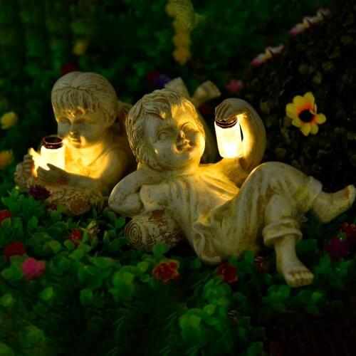 A Kid With Solar Fireflies Garden Statue Resin Jar Boy Girl Statue Whimsical Flowerbed Yard Lawn Outdoor Sculpture Garden Decor