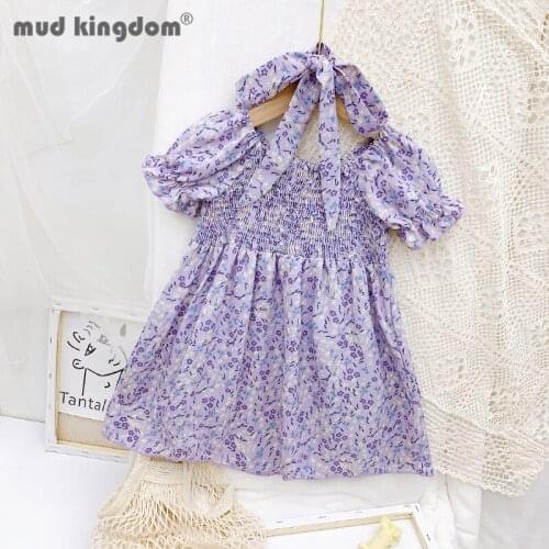 Mudkingdom Cute Girl Floral Dress Summer Puff Sleeve Elastic Casual Princess Dresses for Kids Short Sleeve Children Clothing