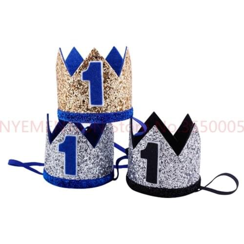 Blue Silver First Birthday Hat Girl Gold Pink Priness Crown Number 1st 2 3 Year Old Party Hat Glitter Birthday Headband 100PCS