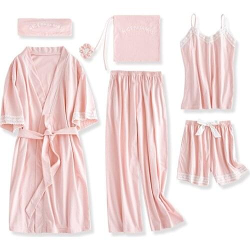 JULYS SONG 7 Pieces Pajamas Set 100% Cotton Women Pajamas Suits Long Sleeve Top Elastic Waist Pants Lounge Sleepwear
