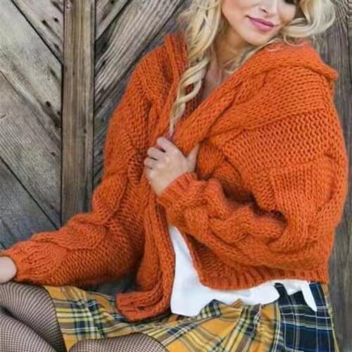 Womens Knitted Hooded Short Cardigan Autumn Winter Long Sleeve Sweater Jumpers Y2K Oversize Coat Top Streetwear Female Clothes