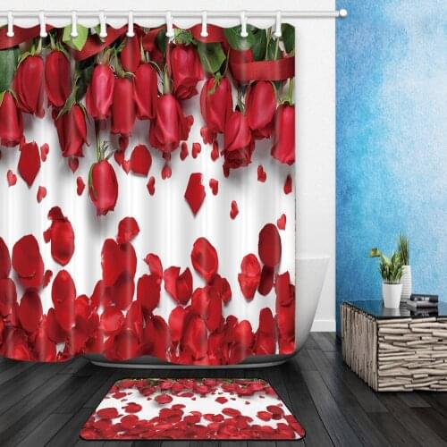 2Pcs/Set Rose Flower Shower Curtains Set Mat Bathroom Waterproof Bath Curtains Polyester Cloth With Rectangle Non-slip Floor Mat