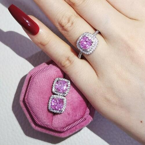 2pcs Pack 925 Sterling Silver Jewelry Set Halo Engagement Ring Round Stud Earring For Wedding Gift J5572-PINK