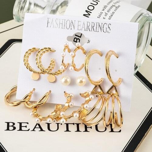 Korean Version Trendy Metal Earrings Set For Women Vintage Gold Color Geometry Pendant Earrings Set 2021 Women Gifts Jewelry