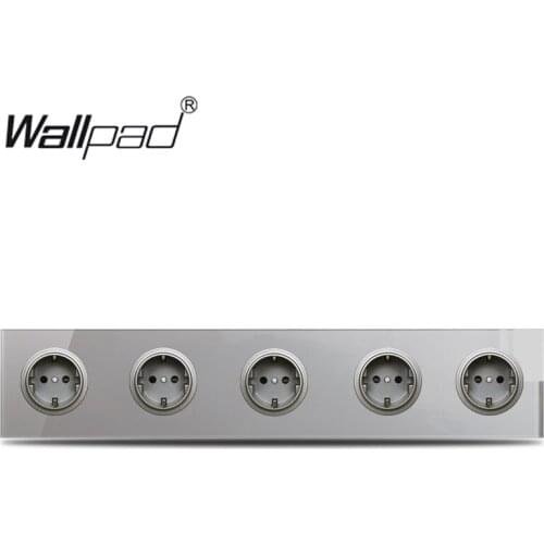 Wallpad L6 Quintuple 5 Way EU Plug Schuko Power Outlet Wall Socket Grey Tempered Glass Panel 430*86mm Child Protection
