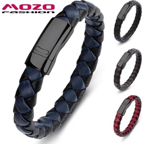New Men Classic Jewelry Braided Leather Bracelet Women Handmade Trendy Stainless Steel Clasp Wrist Band Blue Bangles