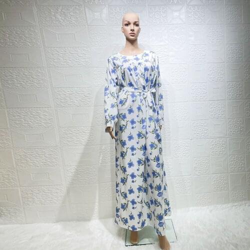New Arrival Eid Silky Djellaba Abaya Full Length Flower Printed Muslim Dress Dubai Turkey Muslim Dress Islam Abayas Belt WY138