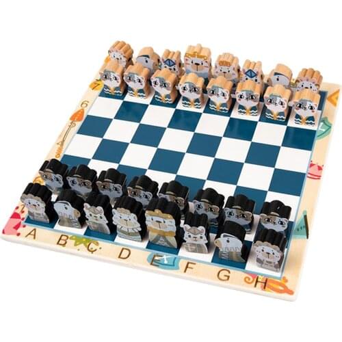 Portable Travel Wooden Chess Game Cartoon Chessman Chessboard Set Board Game