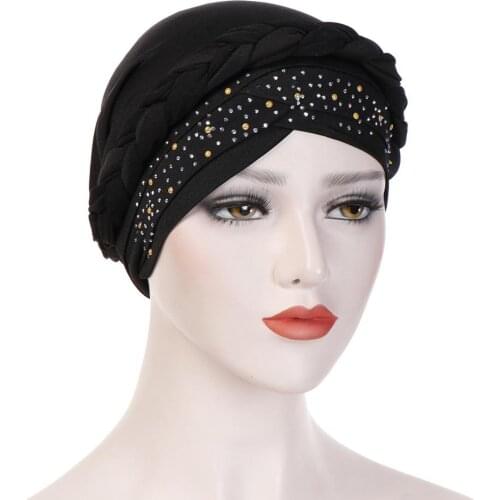 Crystal Turban For Women Beading Muslim Headwrap Ladies Bandanas With Braid Solid Color Wrap Chemo Cap Fashion Hair Accessories