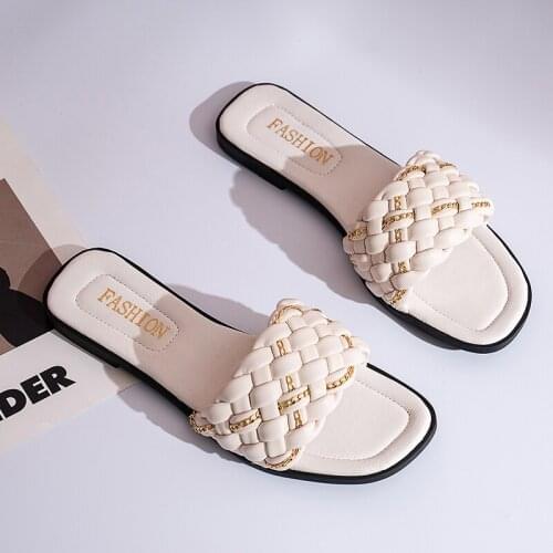 Womens Slide Slippers Fashion Weave Design Summer Cute Flat Sandals Open Toe Maiden White Woman Shoes