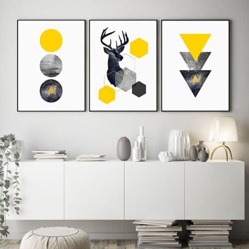 Nordic Style Geometric Yellow Color Abstract Deer Wall Art Print Picture Canvas Painting Poster for Living Room home decor