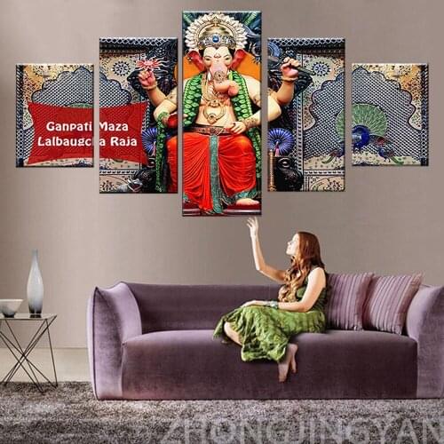 Modern Home Wall Art Decor Frame 5 Pieces India Tibetan Ganesha God Picture Art HD Printed Oil Painting On Canvas Poster Artwork