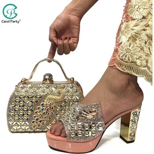 Peach Color Italian Women Shoes and Bag to Match African Design with Shinning Crystal Matching Shoes and Bag Set for Royal Party