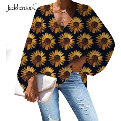 Jackherelook Women Solid Black Sunflowers Design Ladies Deep V Neck Long Sleeve Loose Blouses Girls Casual Tops Shirt Plus Size