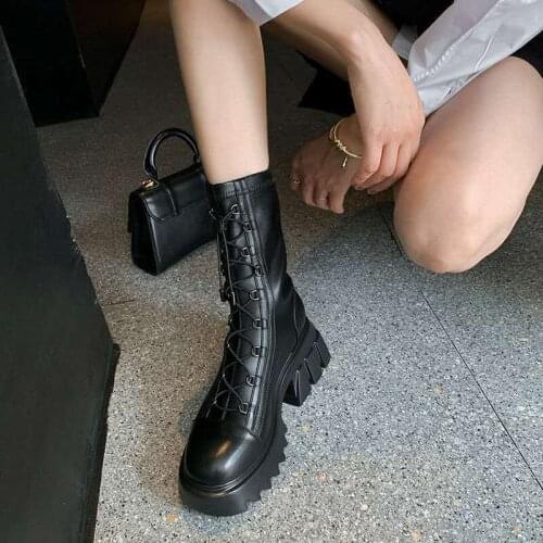 Boots Women Round Toe Platform Side Double Zippers Lace-Up Leather Black Brown Chunky New Design Trendy Leisure Boots Boots