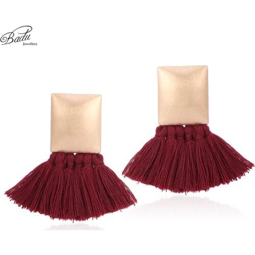 Badu Dark Red Cotton Tassel Stud Earrings for Women Vintage Fashion Jewelry for Autumn Winter Earrings Gold Studs Gift