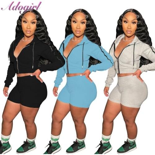 Fitness Women Workout Two Piece Set Autumn Suit Solid Long Sleeve Zippers Fly Hoodies Bikers Shorts Outfit Sportwear Tracksuit