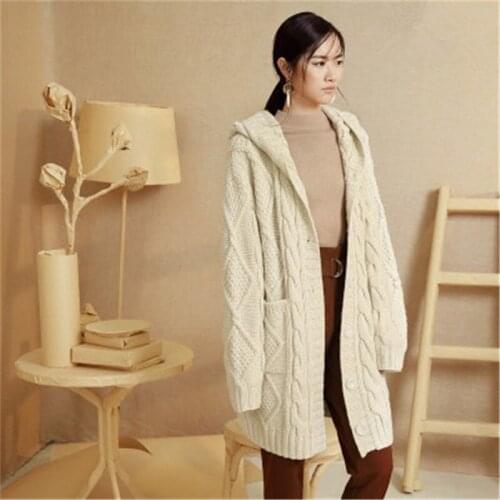 100%hand made wool blend tknit women streetwear hooded solid single breasted long cardigan sweater one&over size