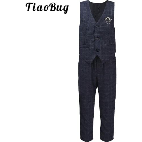 3Pcs Flower Boys Wedding Suits Boys Plaid Formal Suit Vest Waistcoats + Pants + Brooch Childrens Gentleman Kids Party Dresswear