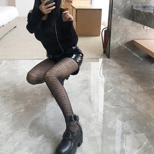066C Women Sexy Black Pantyhose Letters Printed Sheer Nylon Tights Tattoos Stockings