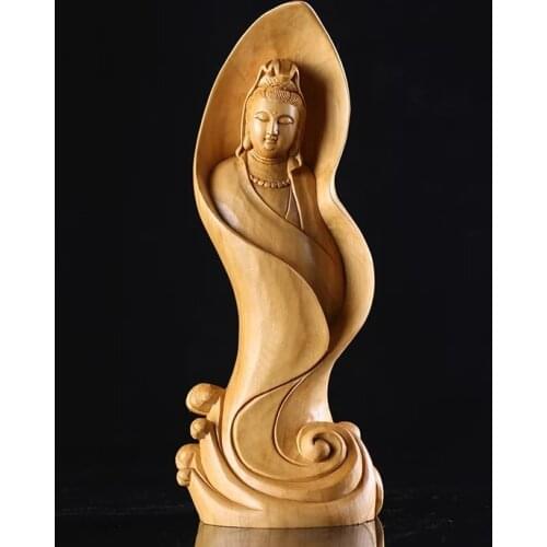 12CM Sea Wave GuanYin Exquisite Buddha Carving Statue God Handmade Solid Boxwood Craft Feng Shui Decoration Wood Buddhism Decors