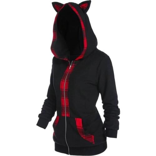 Harajuku Animal Ear Pocket Fleece Hoodie Sweatshirt Women Winter Plaid Patchwork Zipper Up Jackets Plus Size Tracksuit Hoody