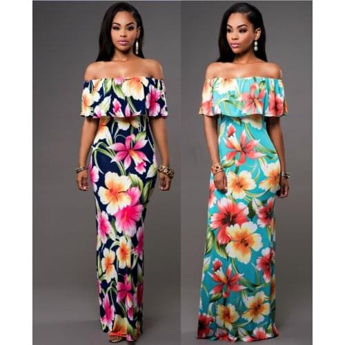 African Dresses for Women Vintage Ruffle Plain Floral Printed Off Shoulder Bodycon Long Evening Party Dress African Clothes