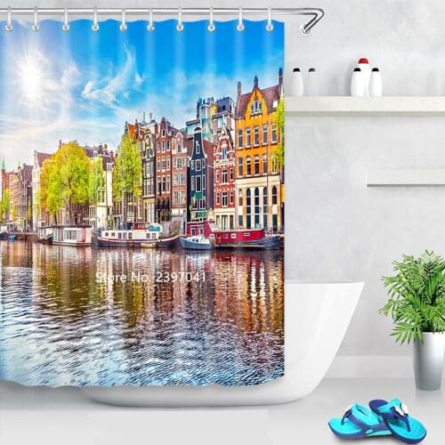 Beautiful European and American Natural Scenery Shower Curtain Washable Waterproof and Mildewproof with Hook Bathtub Decoration