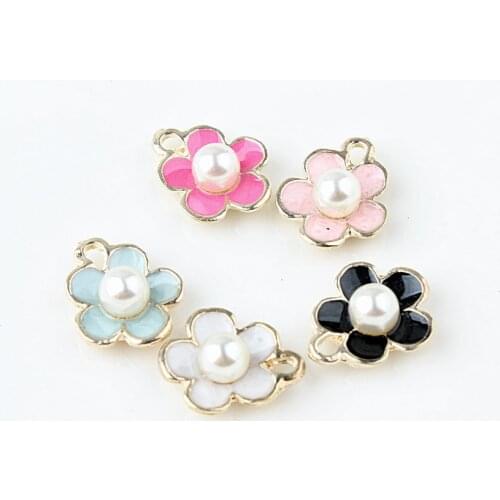 MRHUANG 10pcs/lot Beautiful Flower with Pearl Enamel Charm Alloy Pendant fit necklaces bracelet DIY Fashion Jewelry Accessories