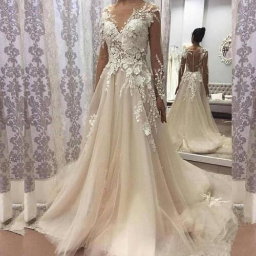 V-neck Bride Dress Flower Applique Lace Long Sleeve Wedding Dresses 2020 Sheer Button Back Wedding Gowns robe vestido de noiva
