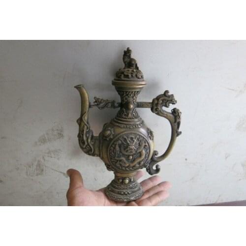 Rare Old Qingg Dynasty(1648---1688) copper dragon teapot,with carving&mark, free shipping