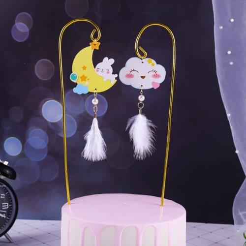 Metal Happy Birthday Cake Topper Cute Moon Wedding Cupcake Topper for Baby Shower Girls Birthday Wedding Party Cake Decorations
