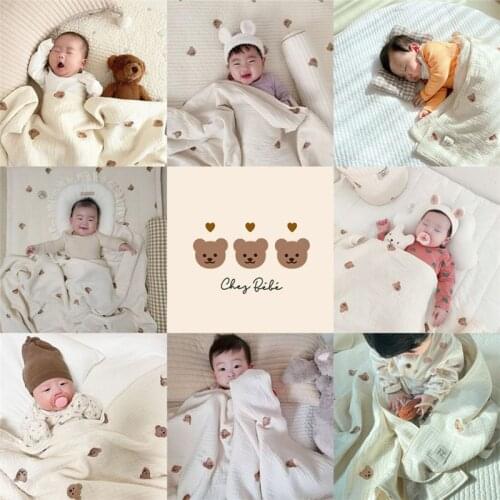 Fashional 6-Layer Cotton Gauze Embroidered Bear Blanket Muslin Baby Swaddle Stroller Cover Newborn Bath Towel Receiving Blanket