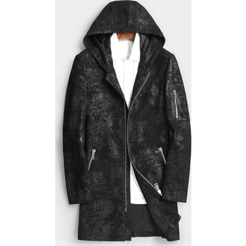 Mens Genuine Leather Jacket Hooded 100% Goatskin Coat Mens Print Leather Jackets Windbreaker Chaqueta Cuero Hombre 8801 YY443
