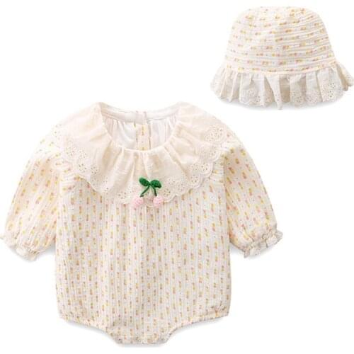 Autumn Newborn Baby Girls Clothes Floral Print Bodysuit Cotton Long Sleeve Baby Jumpsuit Cute Lovely Baby Clothing with Hat 0-2Y