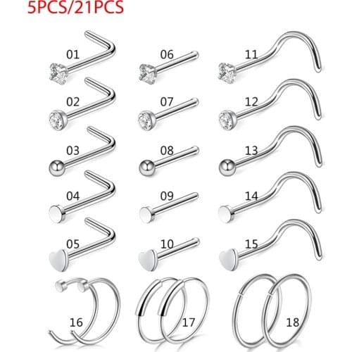 Surgical Steel Nose Rings Studs Set Nose Piercing Hoop Ring Screw L Shape 20g Septum Piercing Lip Cartilage Hoop Body Jewelry