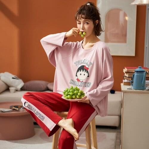 Kawaii Chibi Maruko-chan Anime Pajamas For Women Winter Cotton Pajamas Cute Pink Long Sleeve Trousers 2Pcs Warm Women Homewear