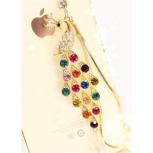 3.5mm High End Atmospheric Rhinestones Long Chain Large Peacock Earphone Dust Plug Dustproof Plug Caps for Iphone Samsung