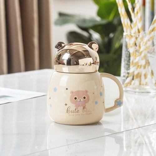 Cute 380ml Carton Bear Ceramic Leakproof Water Cup with Lid Breakfast Milk Coffee Cup for Girl Child Drinkware