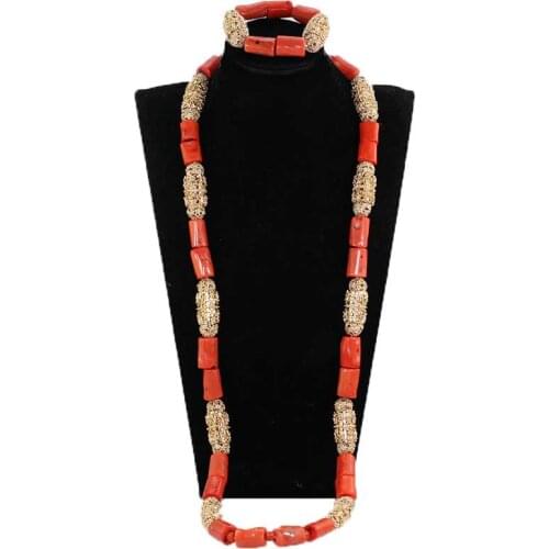 Fabulous Real Coral Beads for Men 40 inches Long Coral Necklace Bracelet Groom Jewelry Set Dubai Gold Male Coral Beads CNR854