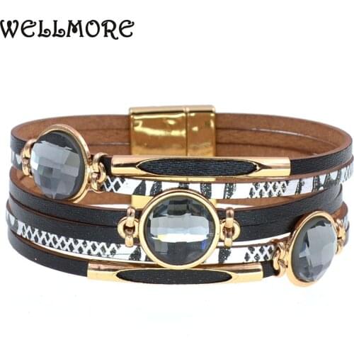 WELLMORE new bohemia bracelets for women charm round glass bracelets fashion leather bracelets female jewelry drop shipping